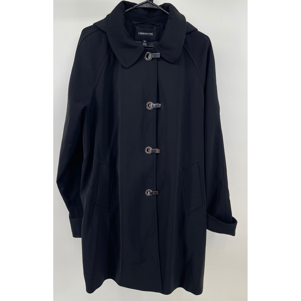 London Fog Womens Black Hooded Trench Coat Silver Toggle Closure XL RN121545